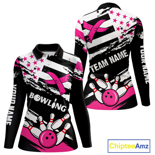 Breast Cancer Awareness American Flag Bowling Shirt For Women Custom Pink Ribbon Bowling Team Jersey TDM4655