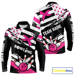 Breast Cancer Awareness American Flag Bowling Shirt For Men Custom Pink Ribbon Bowling Team Jersey TDM4655