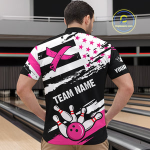 Breast Cancer Awareness American Flag Bowling Shirt For Men Custom Pink Ribbon Bowling Team Jersey TDM4655