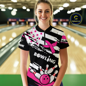 Breast Cancer Awareness American Flag Bowling Shirt For Women Custom Pink Ribbon Bowling Team Jersey TDM4655