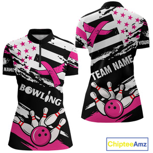 Breast Cancer Awareness American Flag Bowling Shirt For Women Custom Pink Ribbon Bowling Team Jersey TDM4655