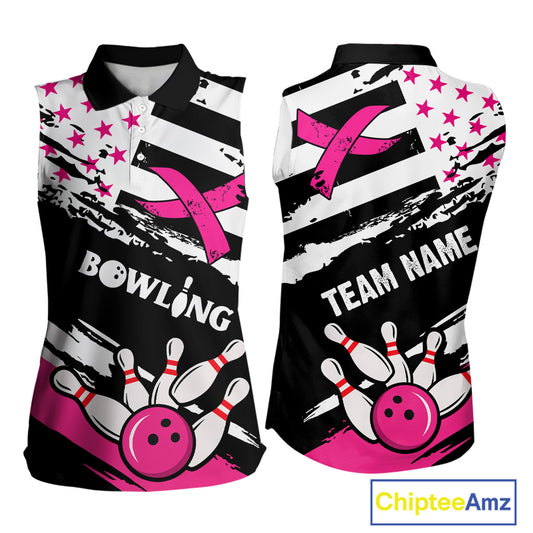 Breast Cancer Awareness American Flag Bowling Sleeveless Polo Shirt Custom Bowling Jersey TDM4655