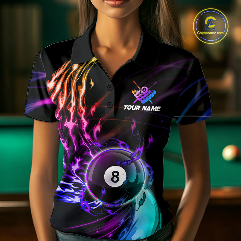 Personalized Purple Blue 8 Ball Billiard Pool Shirts For Women Custom Glowing Billiard Team Jersey TDM7336