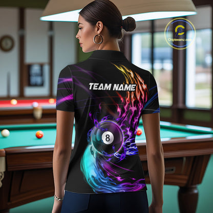 Personalized Purple Blue 8 Ball Billiard Pool Shirts For Women Custom Glowing Billiard Team Jersey TDM7336