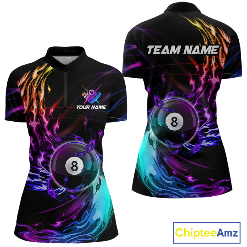 Personalized Purple Blue 8 Ball Billiard Pool Shirts For Women Custom Glowing Billiard Team Jersey TDM7336