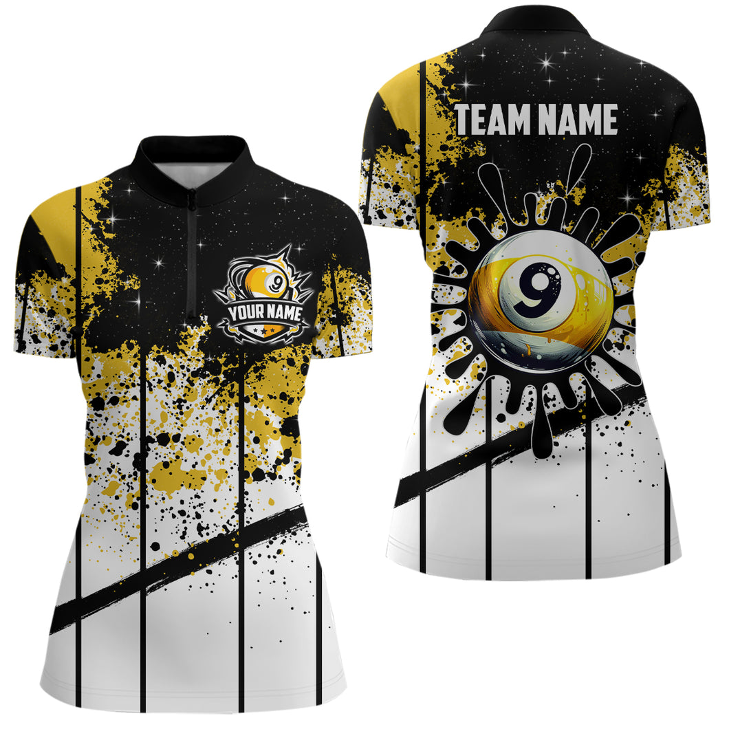 Custom Billiard 9 Ball Grunge Women Quarter-Zip Shirts, 9 Ball Pool Billiard Attire Jerseys TDM1136