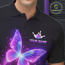 Load image into Gallery viewer, Black polo shirt with a butterfly design and customizable text on a dark background