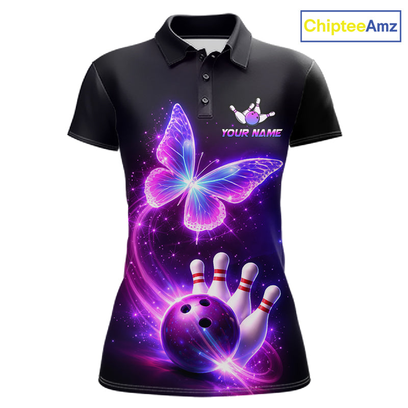 Black polo shirt with butterfly and bowling design, customizable your name & team name