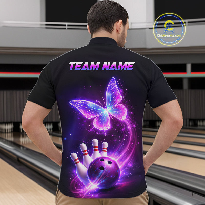 Person wearing a black shirt with a colorful design of a butterfly, bowling ball, and pins on the back, with 'TEAM NAME' text.