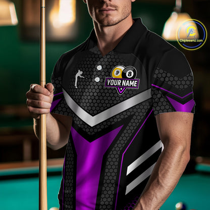 Personalized Billiard 8 Ball & 9 Ball Pool Polo, 1/4 Zip For Men Custom Team Billiard Jersey|Purple TDM4254