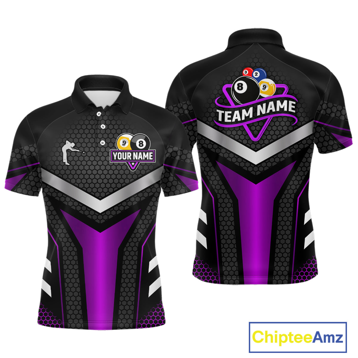Personalized Billiard 8 Ball & 9 Ball Pool Polo, 1/4 Zip For Men Custom Team Billiard Jersey|Purple TDM4254