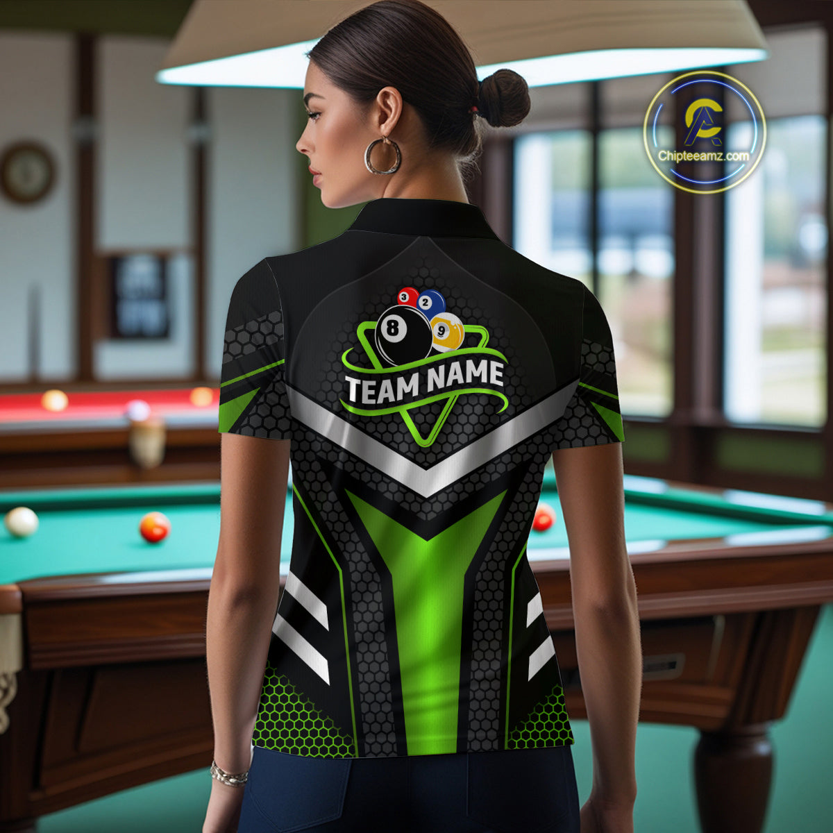 Personalized Billiard 8 Ball & 9 Ball Pool Polo, 1/4 Zip For Women Custom Team Billiard Jersey|Green TDM4256