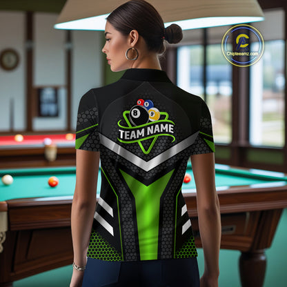 Personalized Billiard 8 Ball & 9 Ball Pool Polo, 1/4 Zip For Women Custom Team Billiard Jersey|Green TDM4256