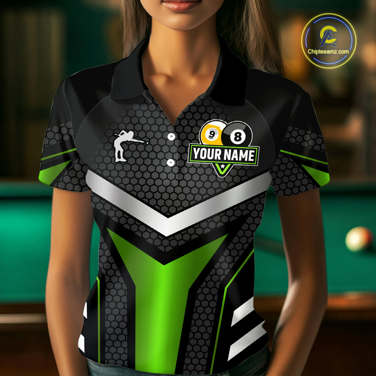 Personalized Billiard 8 Ball & 9 Ball Pool Polo, 1/4 Zip For Women Custom Team Billiard Jersey|Green TDM4256