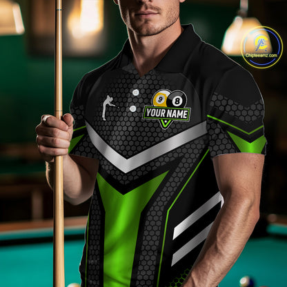 Personalized Billiard 8 Ball & 9 Ball Pool Polo, 1/4 Zip For Men Custom Team Billiard Jersey|Green TDM4256
