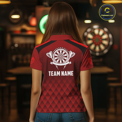 Personalized Red Geometric Darts Shirt For Women Custom Darts Jersey, Darts Tournament Team Shirts TDM7665
