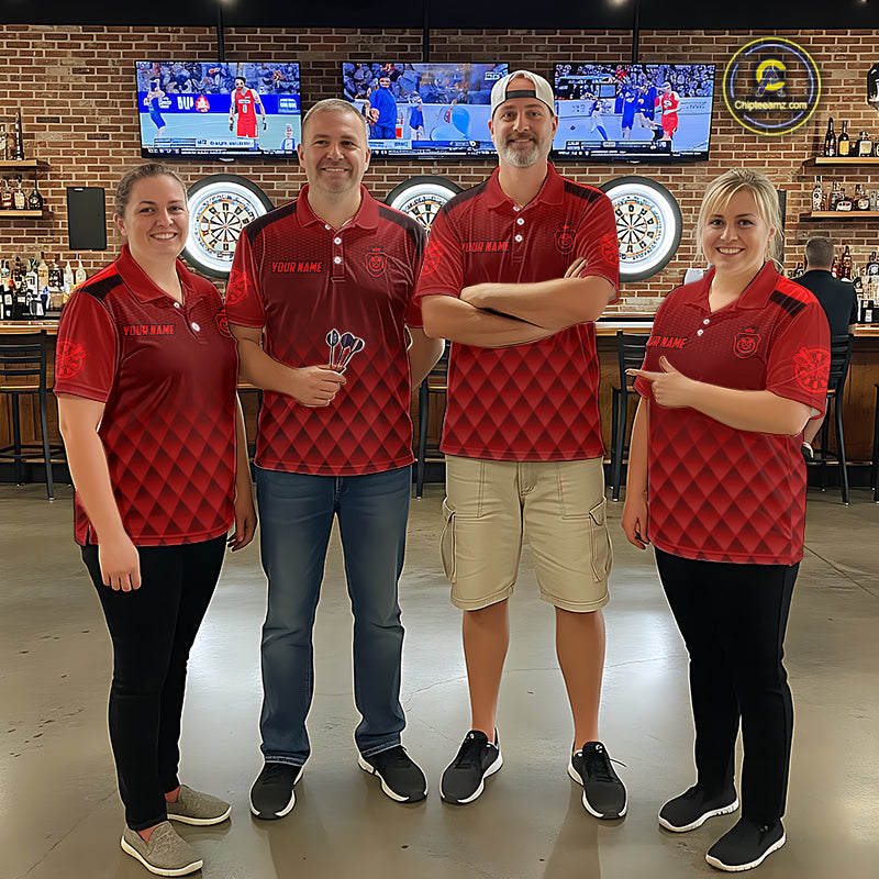Personalized Red Geometric Darts Shirt For Men Custom Darts Jersey, Darts Tournament Team Shirts TDM7665