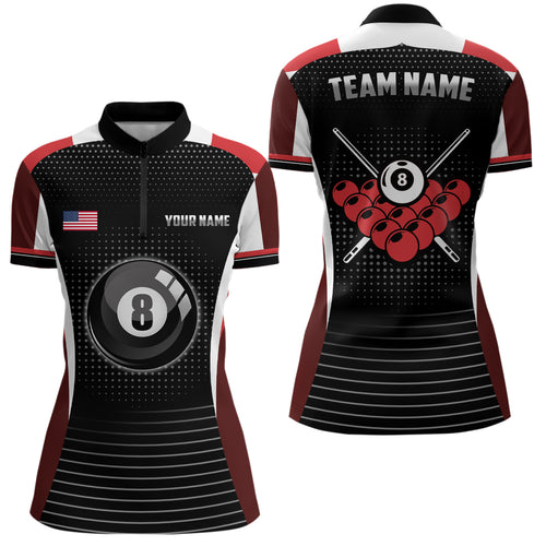 Custom Black Red Billiard Jerseys Women Quarter-Zip Shirts Personalized 8 Ball Pool Shirts TDM0423