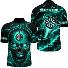 Load image into Gallery viewer, Turquoise Darts Skull Men Polo, Quarter-Zip Shirt Custom Lightning Thunder Team League Dart Jerseys TDM2838