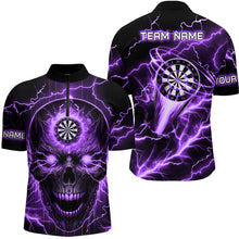 Load image into Gallery viewer, Purple Darts Skull Men Polo, Quarter-Zip Shirt Custom Lightning Thunder Team League Dart Jerseys TDM2839