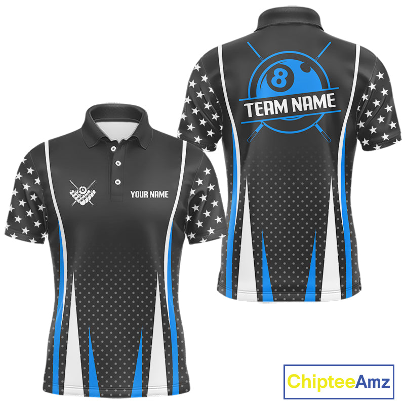 Personalized Blue 8 Ball Pool US Flag Billiard Shirt For Men Custom Pool Team Jersey Polo, 1/4 Zip TDM7985