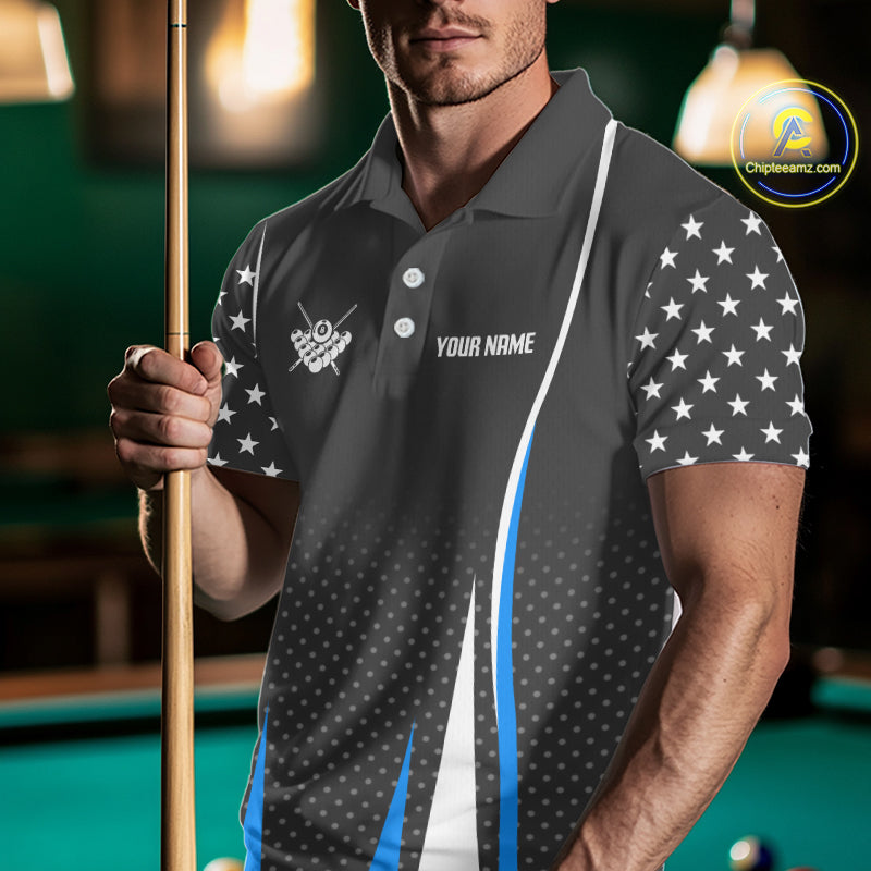 Personalized Blue 8 Ball Pool US Flag Billiard Shirt For Men Custom Pool Team Jersey Polo, 1/4 Zip TDM7985