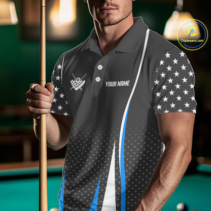 Personalized Blue 8 Ball Pool US Flag Billiard Shirt For Men Custom Pool Team Jersey Polo, 1/4 Zip TDM7985
