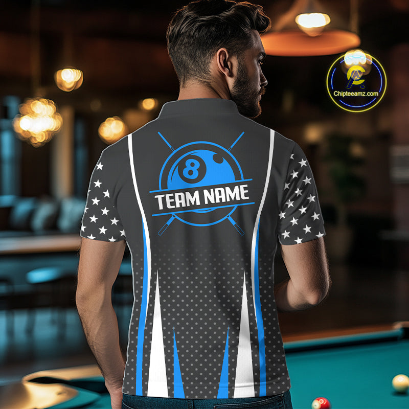 Personalized Blue 8 Ball Pool US Flag Billiard Shirt For Men Custom Pool Team Jersey Polo, 1/4 Zip TDM7985