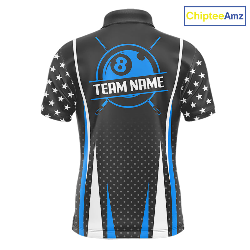 Personalized Blue 8 Ball Pool US Flag Billiard Shirt For Men Custom Pool Team Jersey Polo, 1/4 Zip TDM7985