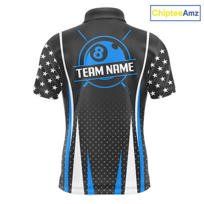 Personalized Blue 8 Ball Pool US Flag Billiard Shirt For Men Custom Pool Team Jersey Polo, 1/4 Zip TDM7985