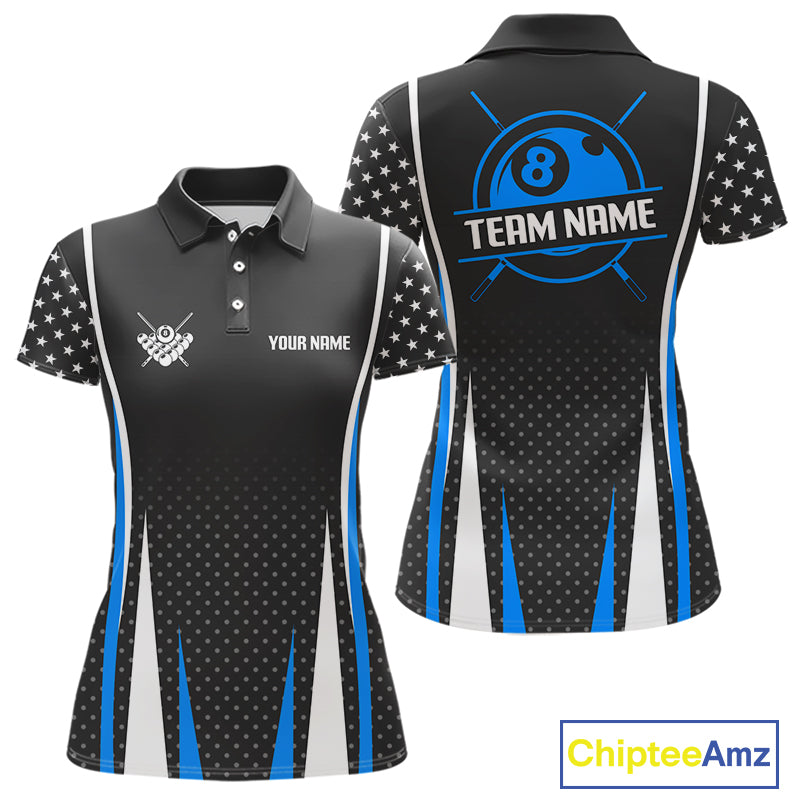 Personalized Blue 8 Ball Pool US Flag Billiard Shirt For Women Custom Pool Team Jersey Polo, 1/4 Zip TDM7985