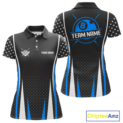 Personalized Blue 8 Ball Pool US Flag Billiard Shirt For Women Custom Pool Team Jersey Polo, 1/4 Zip TDM7985