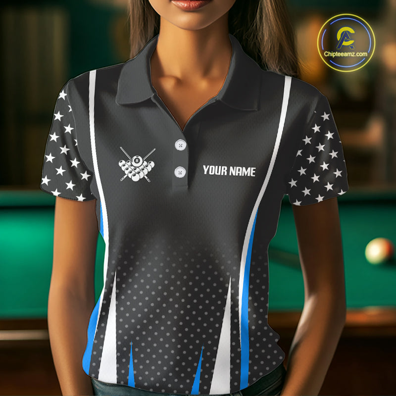 Personalized Blue 8 Ball Pool US Flag Billiard Shirt For Women Custom Pool Team Jersey Polo, 1/4 Zip TDM7985