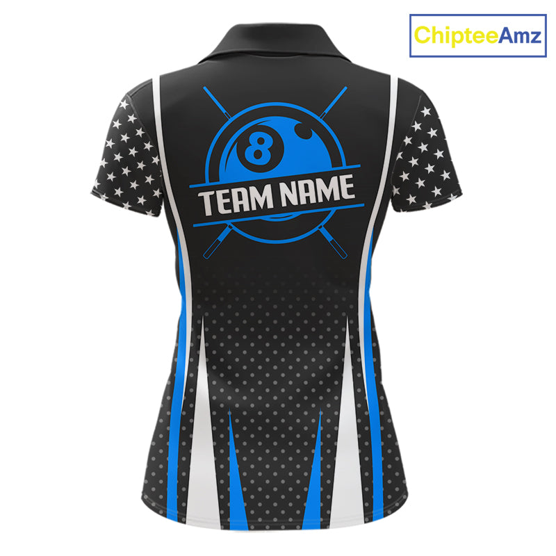 Personalized Blue 8 Ball Pool US Flag Billiard Shirt For Women Custom Pool Team Jersey Polo, 1/4 Zip TDM7985