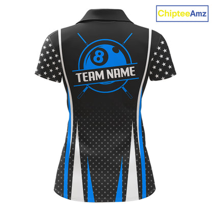 Personalized Blue 8 Ball Pool US Flag Billiard Shirt For Women Custom Pool Team Jersey Polo, 1/4 Zip TDM7985