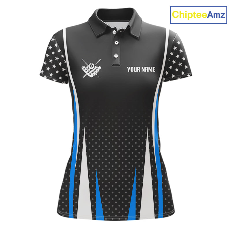 Personalized Blue 8 Ball Pool US Flag Billiard Shirt For Women Custom Pool Team Jersey Polo, 1/4 Zip TDM7985