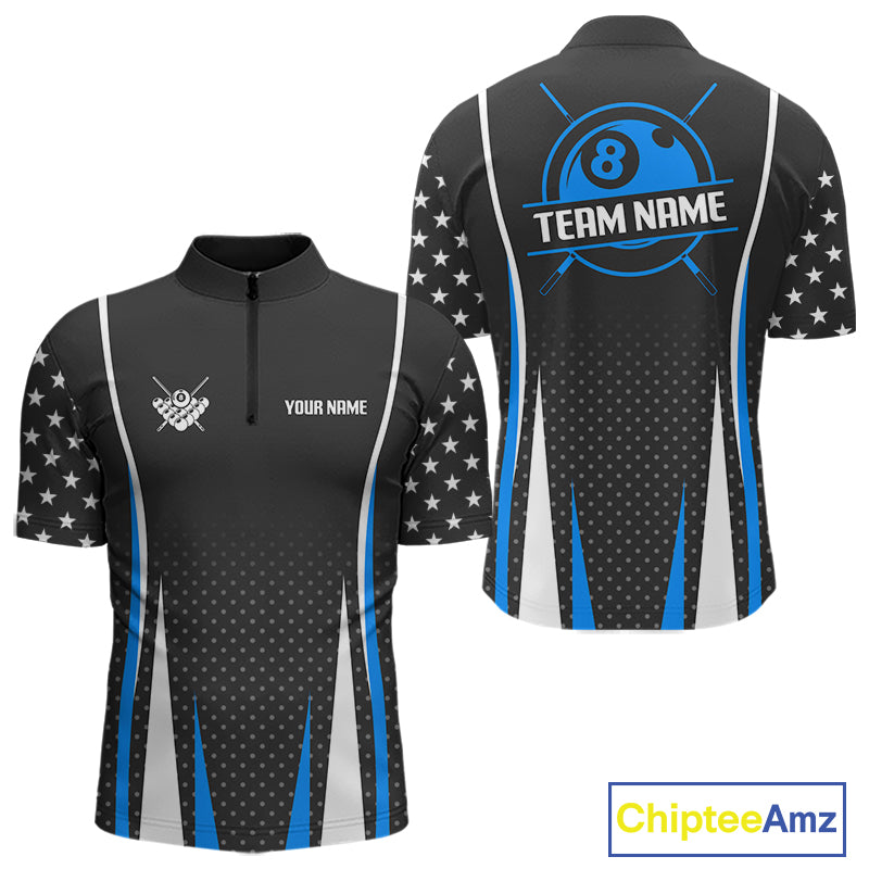Personalized Blue 8 Ball Pool US Flag Billiard Shirt For Men Custom Pool Team Jersey Polo, 1/4 Zip TDM7985