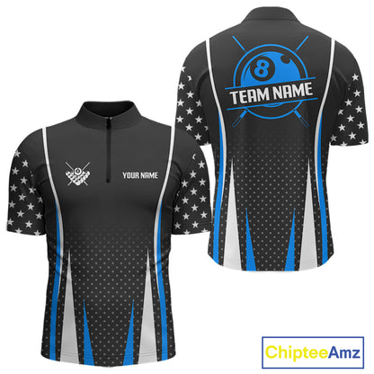 Personalized Blue 8 Ball Pool US Flag Billiard Shirt For Men Custom Pool Team Jersey Polo, 1/4 Zip TDM7985