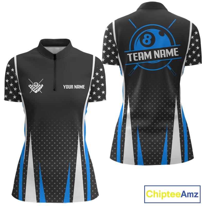 Personalized Blue 8 Ball Pool US Flag Billiard Shirt For Women Custom Pool Team Jersey Polo, 1/4 Zip TDM7985