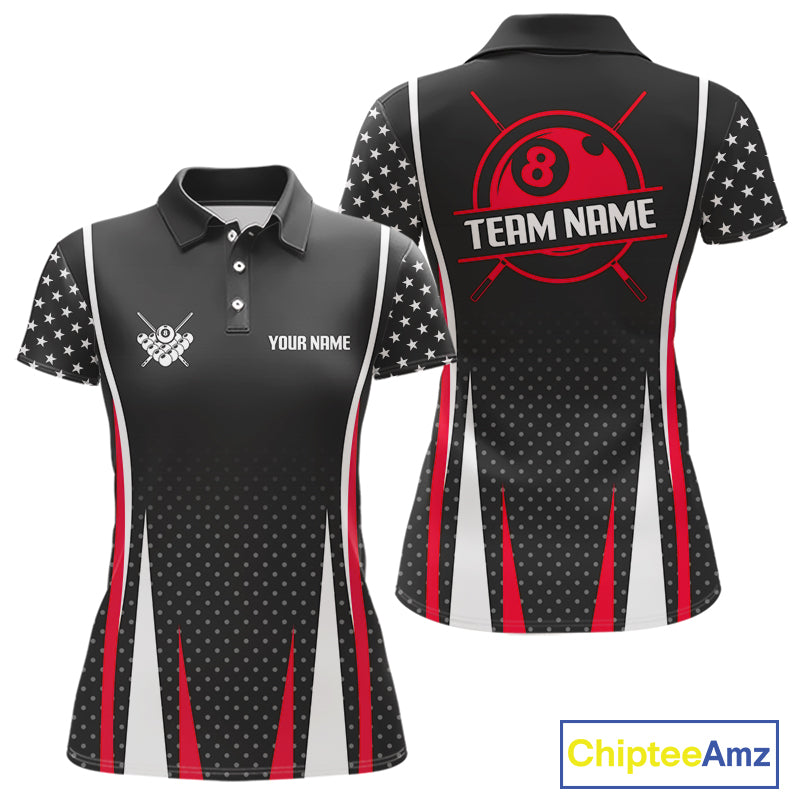 Personalized Red 8 Ball Pool US Flag Billiard Shirts For Women Custom Pool Team Jersey Polo, 1/4 Zip TDM7986