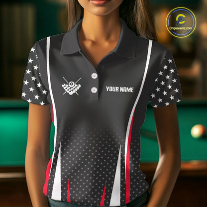 Personalized Red 8 Ball Pool US Flag Billiard Shirts For Women Custom Pool Team Jersey Polo, 1/4 Zip TDM7986