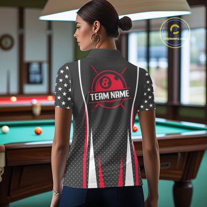 Personalized Red 8 Ball Pool US Flag Billiard Shirts For Women Custom Pool Team Jersey Polo, 1/4 Zip TDM7986