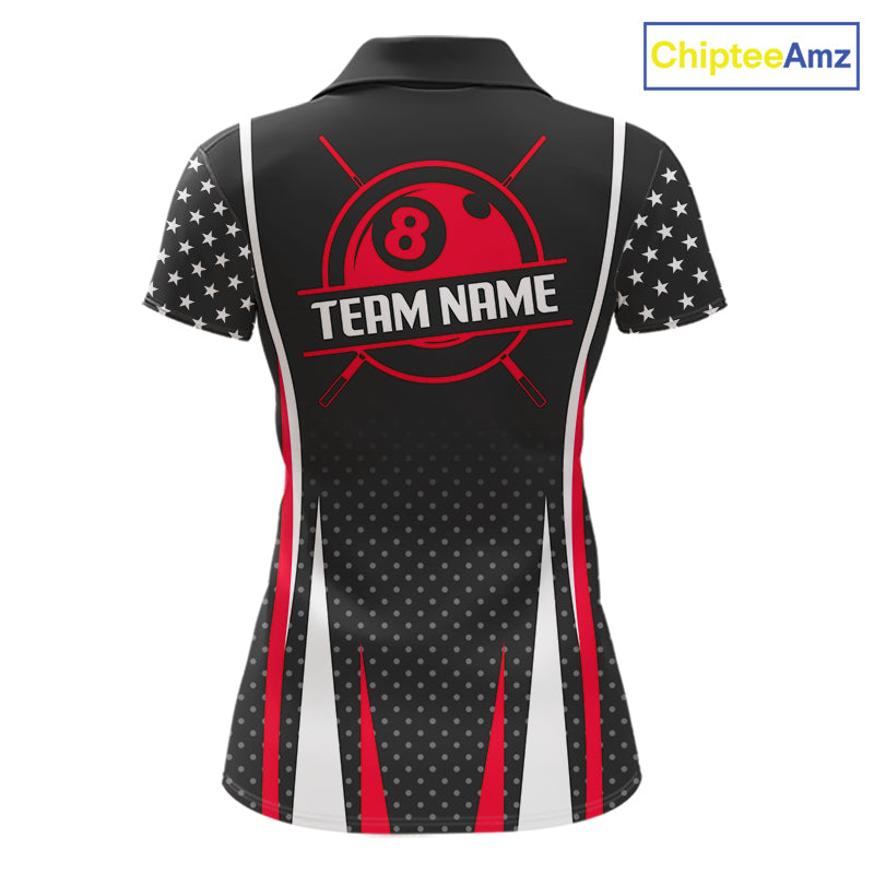 Personalized Red 8 Ball Pool US Flag Billiard Shirts For Women Custom Pool Team Jersey Polo, 1/4 Zip TDM7986
