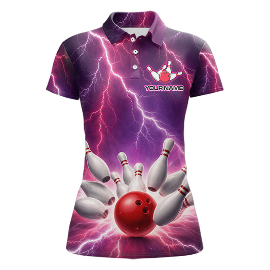Custom Thunder Lightning Red & Purple Bowling Shirt For Women, Bowling Team Jersey Polo & 1/4 Zip TDM6189