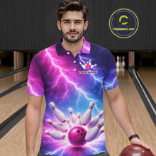 Load image into Gallery viewer, Custom Thunder Lightning Blue And Pink Bowling Shirt For Men, Bowling Team Jersey Polo &amp; 1/4 Zip TDM6190
