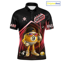 Load image into Gallery viewer, Black and red billiard polo shirt with funny 9 ball design, customizable your name &amp; team name pool jersey for men