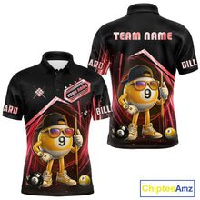 Load image into Gallery viewer, Black and red billiard polo shirt with funny 9 ball design, customizable your name &amp; team name pool jersey for men