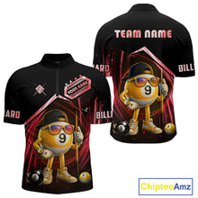 Load image into Gallery viewer, Black and red billiard quarter zip shirt with funny 9 ball design, customizable your name &amp; team name pool jersey for men