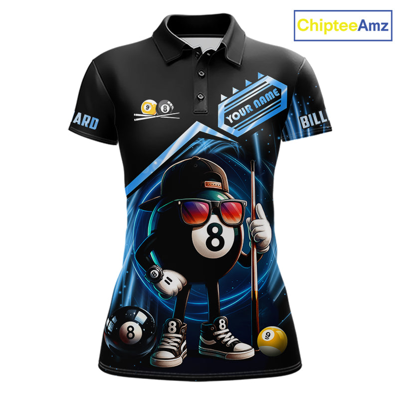 Black and blue billiard polo shirt with funny 8 ball and 9 ball design, customizable your name & team name pool jersey for women