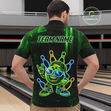 Load image into Gallery viewer, Back view of man wearing a green funny neon bowling ball quarter zip bowling shirt, bowling league team uniform.